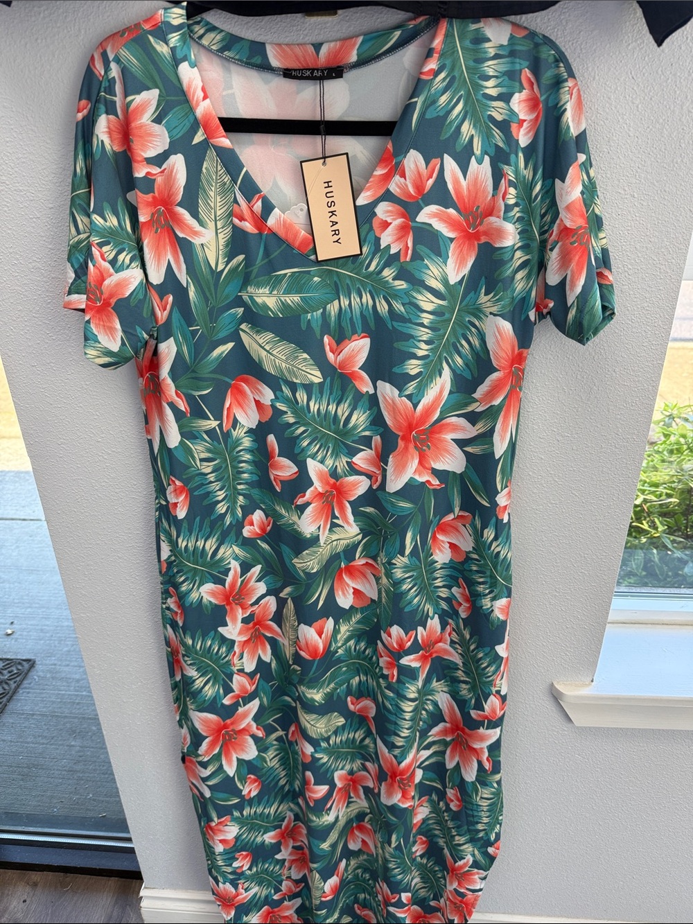 Huskary Tropical Floral V-Neck Maxi Dress - Teal & Coral